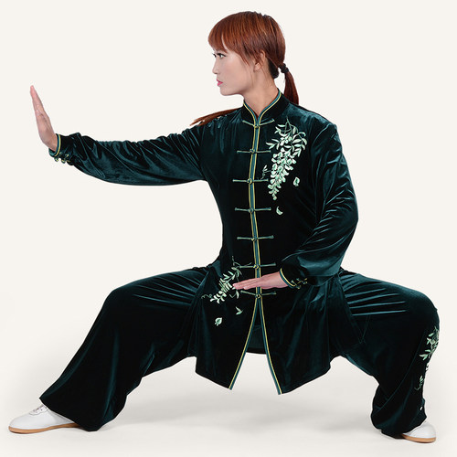 太极拳服装金丝绒刺绣太极服秋冬季不倒绒南韩绒练功服长款女定做 - 图1