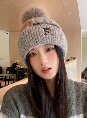 秋冬帽子女款韩版毛线针织帽时尚百搭甜美可爱护耳加绒保暖包头帽