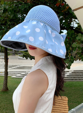 加大沿太阳帽女夏季拼接空顶帽户外扎辫子遮脸黑胶防紫外线太阳帽