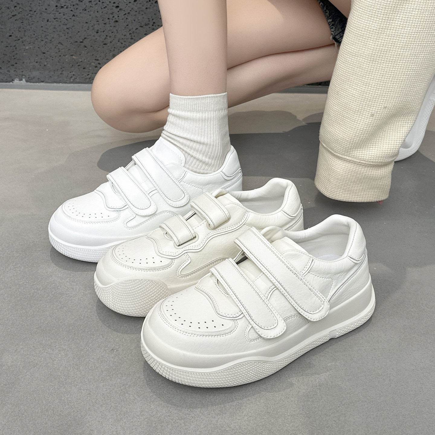 真皮牛皮小白鞋女2026春季新款百搭巨好看厚底软底魔术贴休闲板鞋,淘宝优惠券,粉丝福利购,淘宝优惠卷