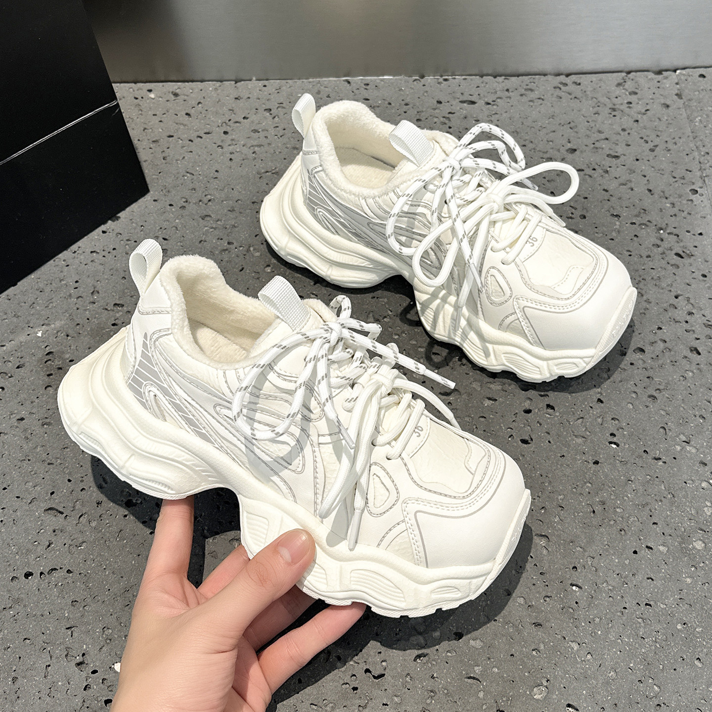 欧洲站双鞋带老爹鞋女2025新款秋冬加绒小白鞋厚底增高运动休闲鞋,淘宝优惠券,粉丝福利购,淘宝优惠卷