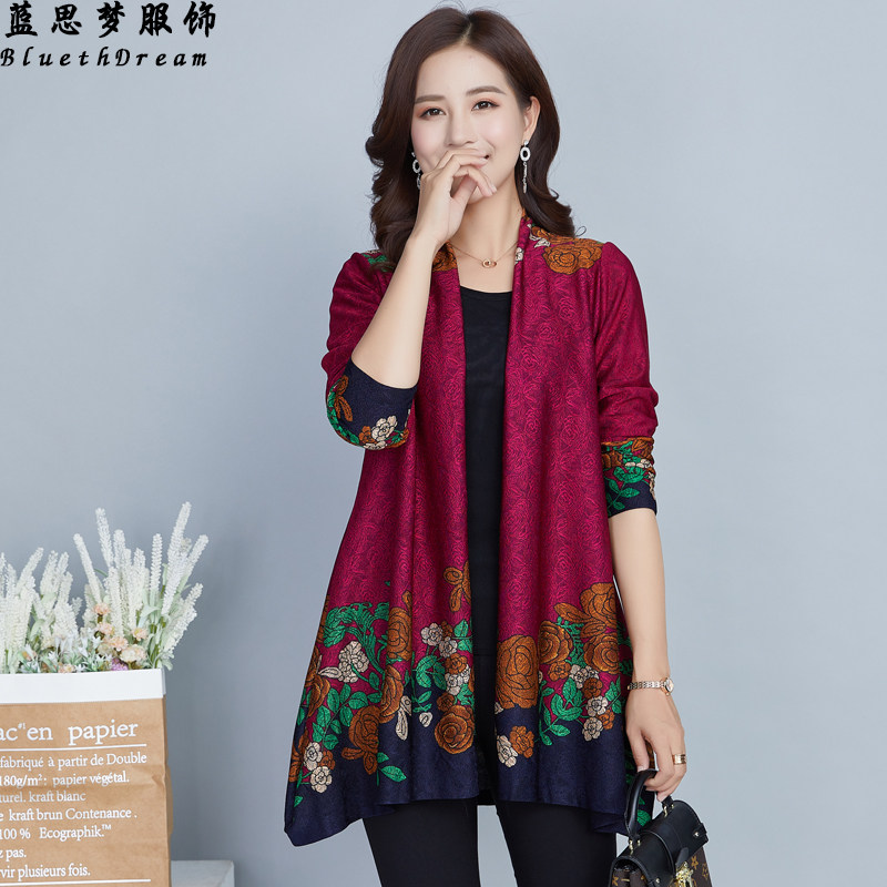 春季开衫新品中长款民族风印花披风 蓝思梦服饰短外套