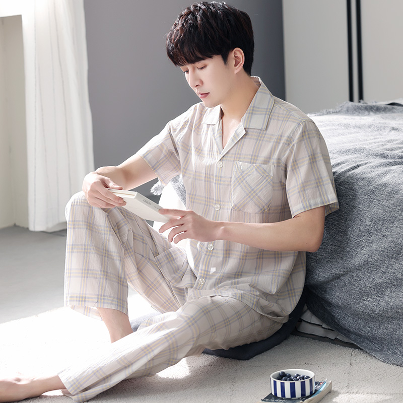 男士夏季梭织纯棉布短袖长裤睡衣 蜜妮佳服饰睡衣/家居服套装