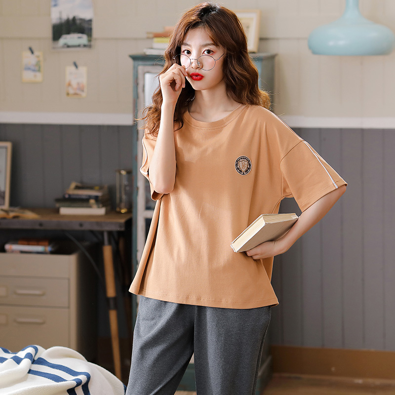 蜜妮佳服饰专营店睡衣女纯棉短袖宽松大码家居服简约款长裤全棉两件套居家套装2