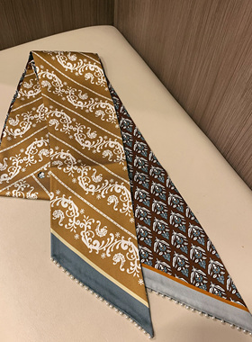手工钉珠 双层粗斜纹重磅真丝长丝巾 100%桑蚕丝丝带140×10cm