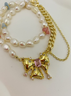 多巴胺蝴蝶结锁骨链个性时尚巴洛克异形淡水珍珠水晶项链女孩礼物