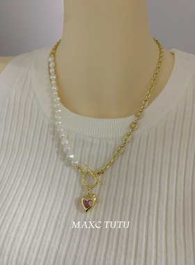 MAXC设计白亮巴洛克异形真珍珠项链女爱心吊坠OT扣包金毛衣链小众