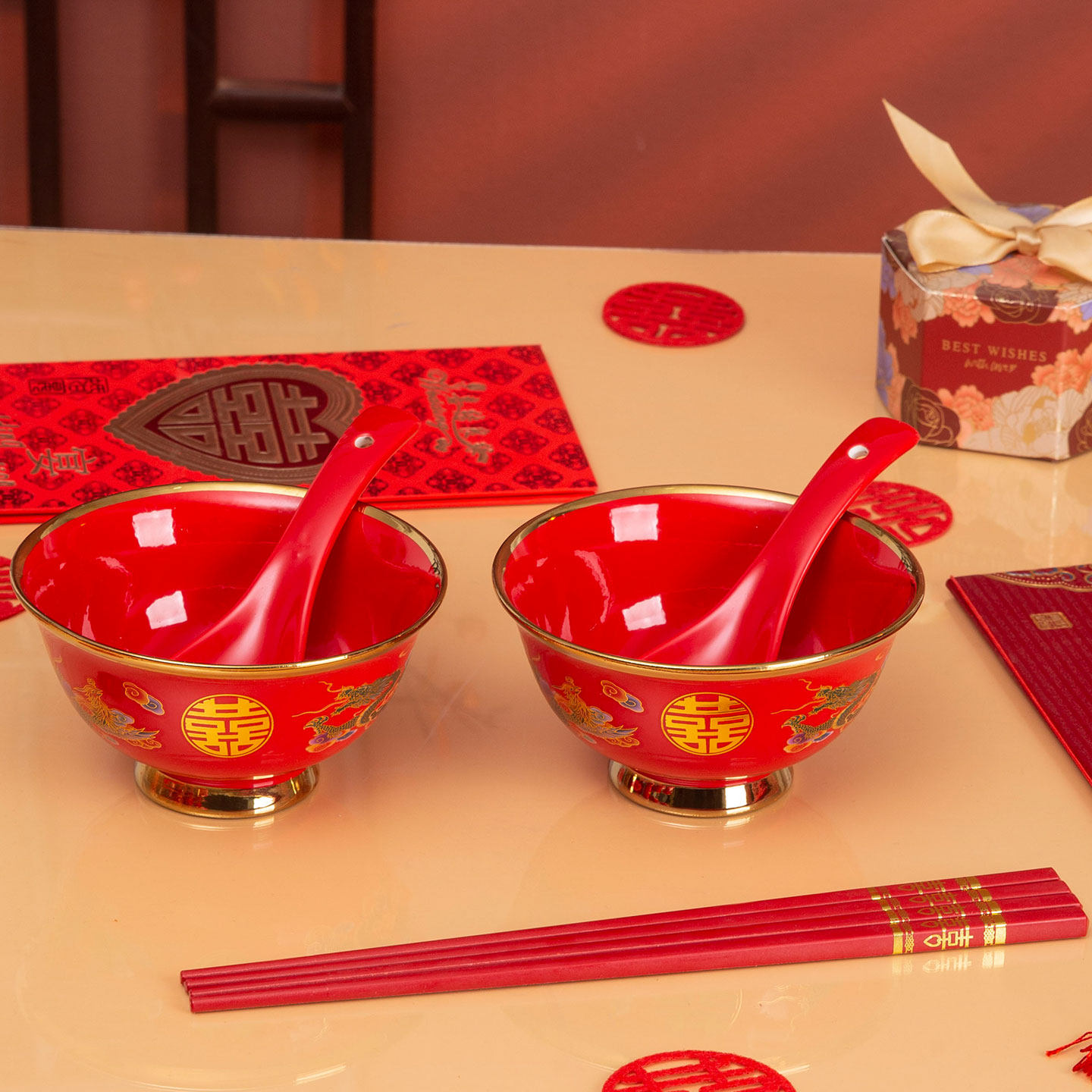 大红色结婚金边喜碗筷套装娘家陪嫁用品婚礼新人改口一对敬茶杯,淘宝优惠券,粉丝福利购,淘宝优惠卷