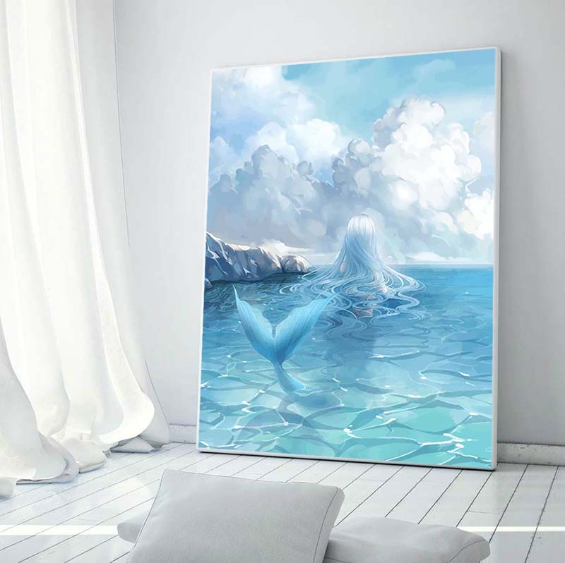 数字油画diy风景大海面少女仙居蓝色白美人鱼装饰挂画4Czg1T0WF7 - 图3