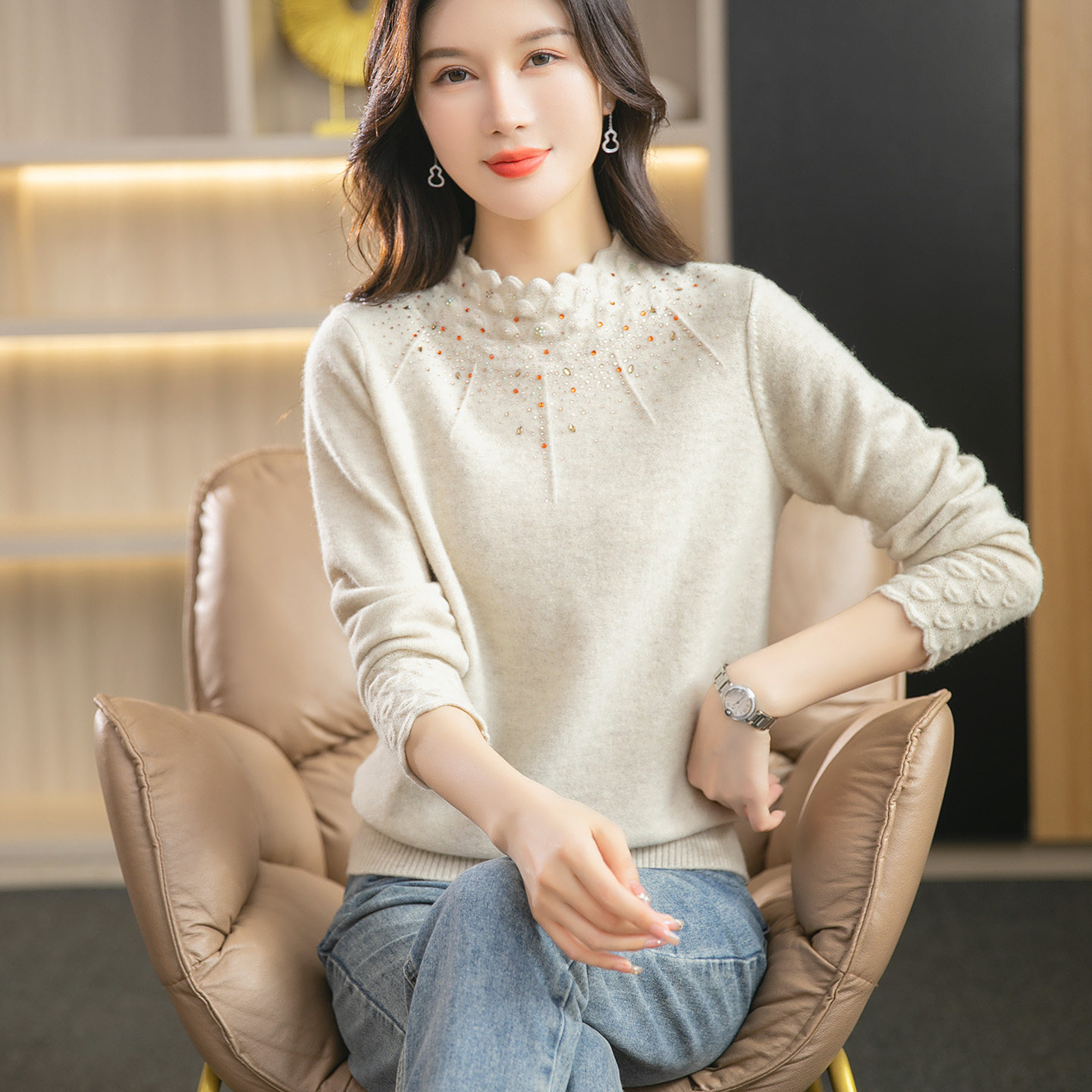 2026年冬季蓝绿色 全羊毛宽松毛衣女秋冬加厚针织衫保暖上衣长袖,淘宝优惠券,粉丝福利购,淘宝优惠卷