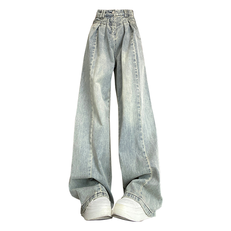 美式复古阔腿牛仔裤女春秋款高街设计感宽松显瘦垂感高腰直筒长裤 - 图0