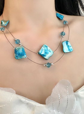度假风不规则蓝色贝壳项链女双层叠戴小众设计感锁骨链海边配饰品