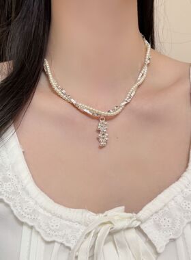 双层缠绕碎银子珍珠葡萄串项链女轻奢小众气质配饰高级感锁骨链