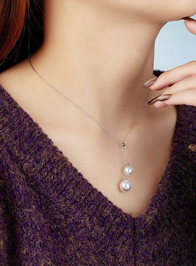 S925纯银贝珠澳白冷白光项链女可抽拉调节高级小众设计款锁骨链