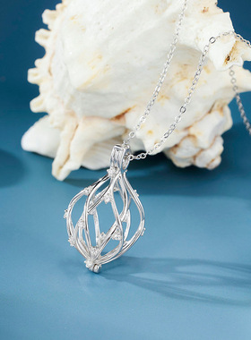 跨境S925纯笼子吊坠女小众设计盒子魔盒精油锁骨链条DIY空托配件