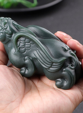 和田玉貔貅手把件塔青玉一级细料