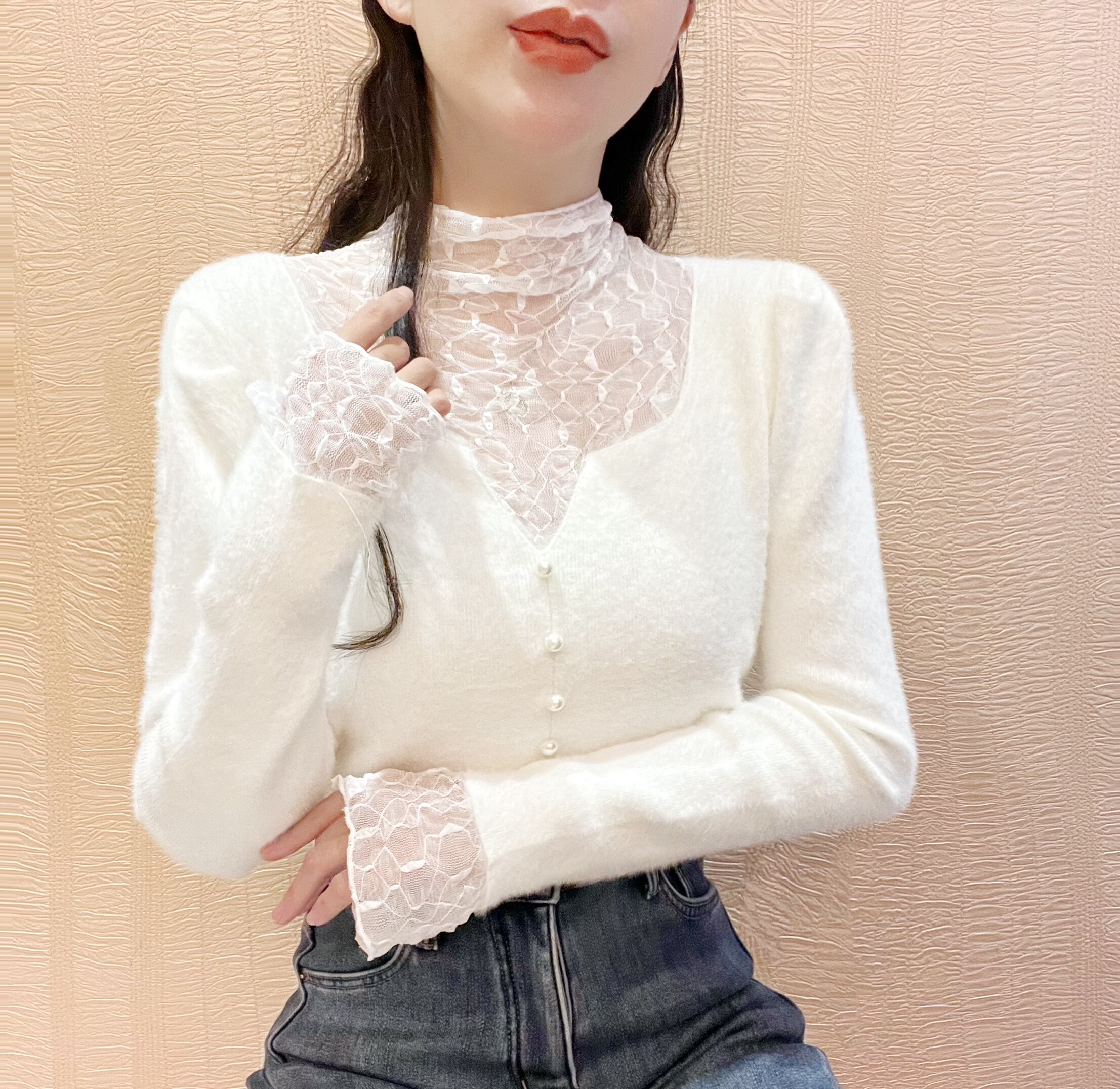 仿水貂绒毛衣女蕾丝拼接加厚保暖高领内搭新款针织打底衫修身上衣,淘宝优惠券,粉丝福利购,淘宝优惠卷