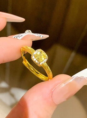 新中式国潮风拉丝镂空小方糖戒指女爆闪花丝戒子可调节活口指环