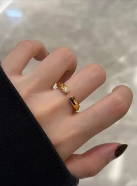 新中式国潮风镶钻泥鳅背戒指女金色开口戒可调节素圈百搭情侣款