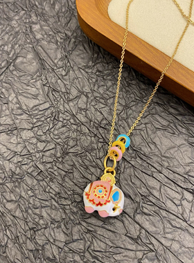 新中式国潮珐琅彩马卡龙色财神吉象小木马项链彩色跑环diy锁骨链