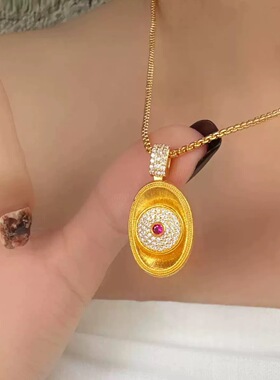 新中式金店同款古法满钻拉丝金运元宝吊坠项链实心锁骨链送女朋友