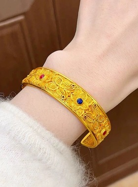 新中式宽面花丝蝶恋花手镯镂空錾刻蝴蝶花卉开口镯子宫廷风