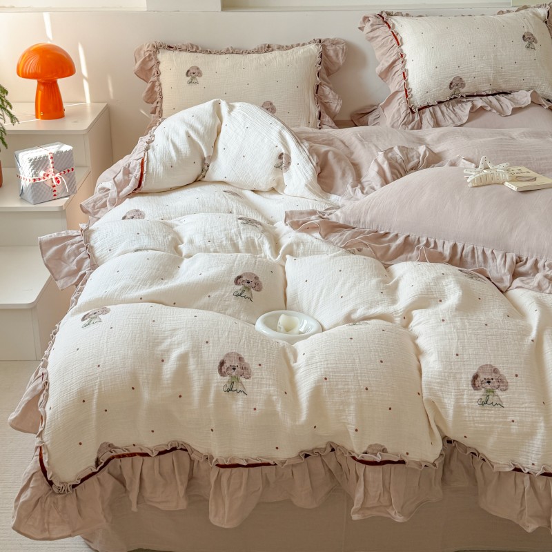 春夏卡通可爱狗狗纯棉皱皱纱四件套少女全棉双层纱被套公主风床品 - 图0