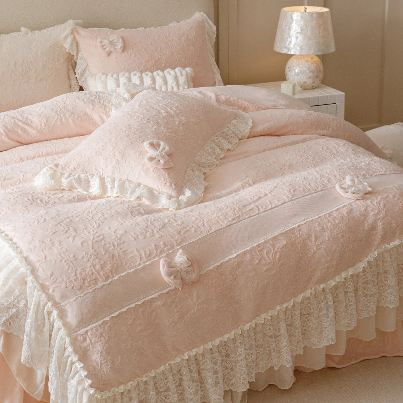 冬季超仙少女粉色加绒加厚四件套公主风毛绒珊瑚牛奶绒蕾丝边被套