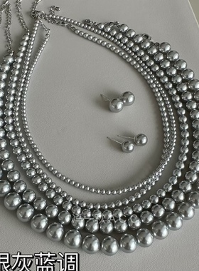 银灰蓝调珍珠项链女锁骨链清冷灰