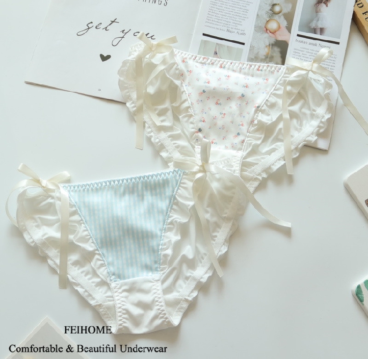 N482舒适女士低腰牛奶丝面料蝴蝶结碎花格子清新女生内裤 M/L/XL - 图1