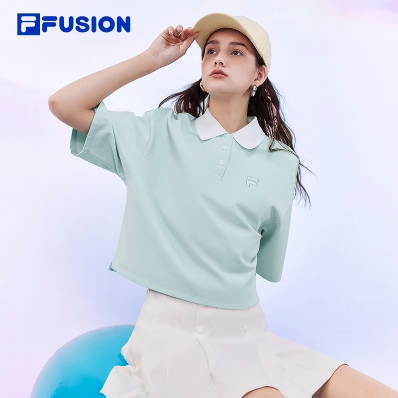 FILA FUSION斐乐潮牌女子短款短袖POLO衫2024夏新款撞色针织上衣 - 图1