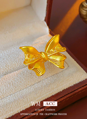 新中式沙金蝴蝶结开口戒指小众夸张设计感食指戒高级感个性手饰女