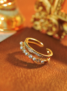 双层设计锆石珍珠开口指环小众设计时尚轻奢高级感食指戒批发代发