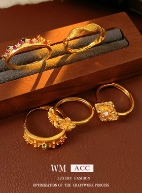 中古vintage沙金真金电镀花朵开口戒指小众高级感指环气质手饰女