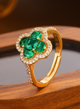 跨境新款满钻四叶草精致感戒指 首饰高级轻奢日常通勤百搭款戒指