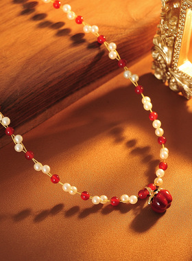 新中式国风串珠红色柿子项链气质网红时尚柿柿如意编织锁骨链批发