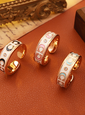 蔻家红白珐琅镶钻戒指女铜镀18k真金时尚气质戒指指环开口可调节