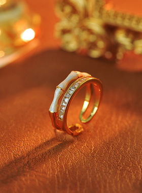 新款高级感中式滴油绿色竹节镶锆石开口戒指轻奢小众精致百搭指环