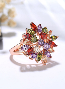 七彩锆石百搭水晶花朵礼物戒指