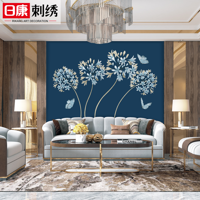 独绣刺绣墙布卧室床头书房客厅餐厅沙发电视背景中式壁布春风化蝶