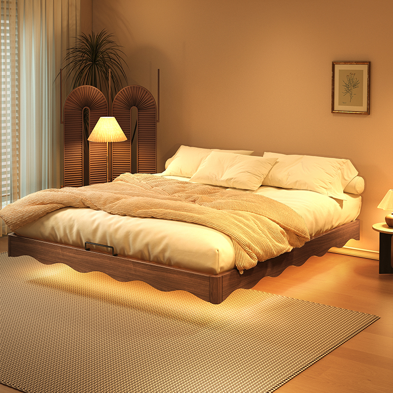 2024年新款中古风实木床悬浮无床头双人卧室窄床小户型新中式床