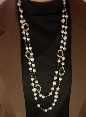 长款红宝石祖母绿欧美复古毛衣链