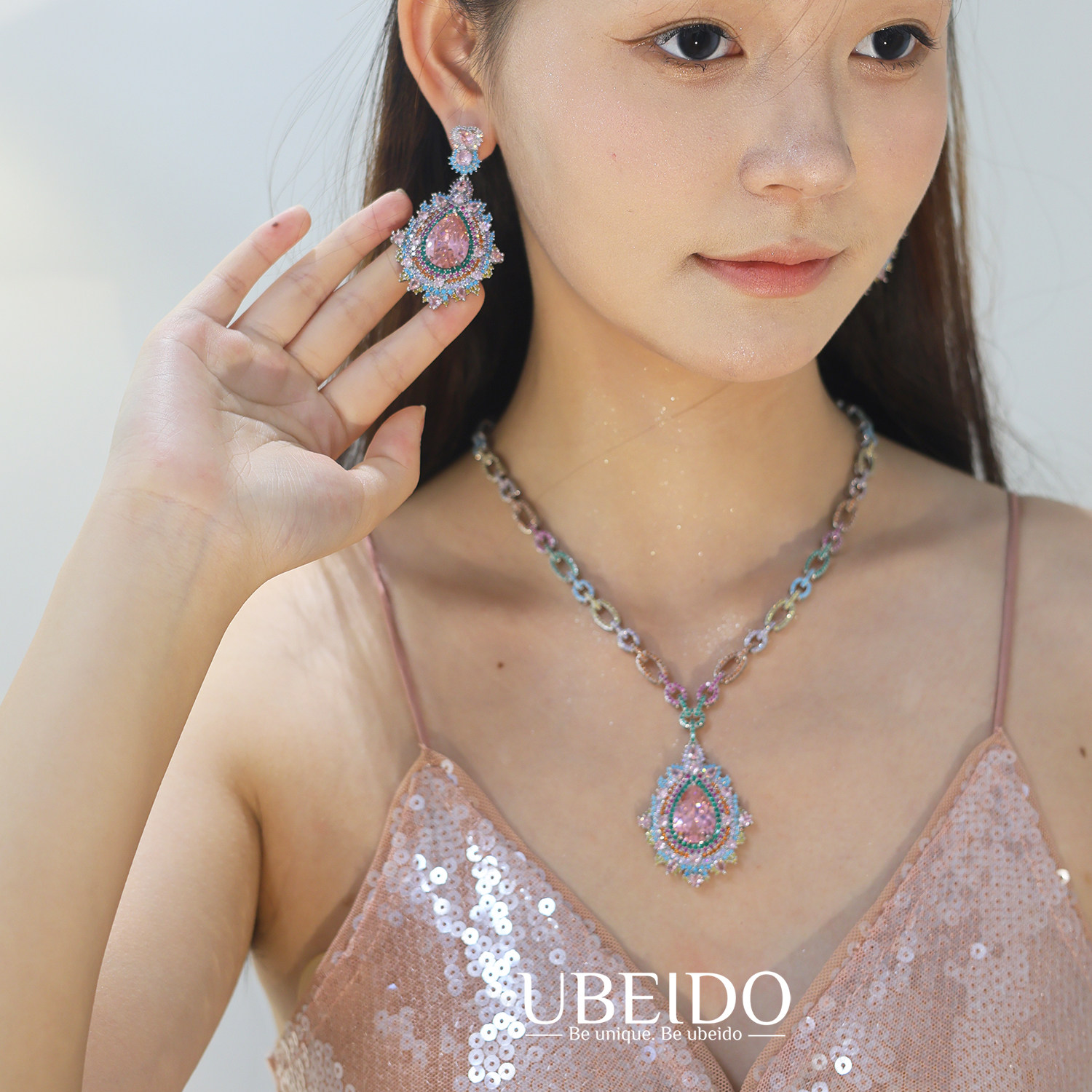 UBEIDO优贝朵高级彩锆珠宝首饰粉水滴项链耳环两件套宴会礼服配饰,淘宝优惠券,粉丝福利购,淘宝优惠卷