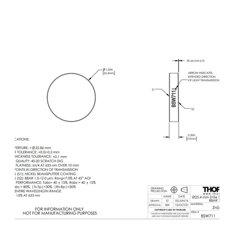 Thorlabs BSW711 硒化锌板分光镜 镀膜1 -【询价产品】 - 图3