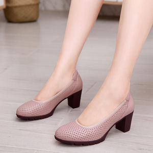 新款夏季真皮女鞋柜雅氏浅口圆头粗高跟镂空单鞋柔软舒适透气凉鞋