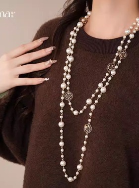 欧美复古风双层叠戴花朵珍珠项链配饰女气质毛衣链轻奢高级感项饰
