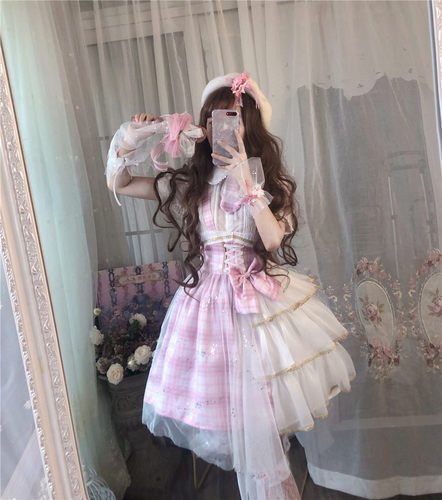 逗酱原创Lolita樱之恋少女小偶像打歌服格子高腰领带jk制服背带裙 - 图1