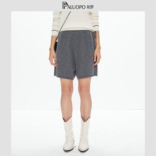 帕罗博主推荐100纯羊绒韩系秋复古街头保暖针织宽松短裤女 - 图0