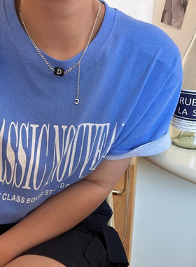 饰尚e族简约黑色方形字母D流苏项链女韩版时尚锁骨链创意网