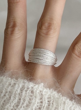 饰尚e族多层线条缠绕戒指女仿珍珠方块法式个性S925镀银指环ins小